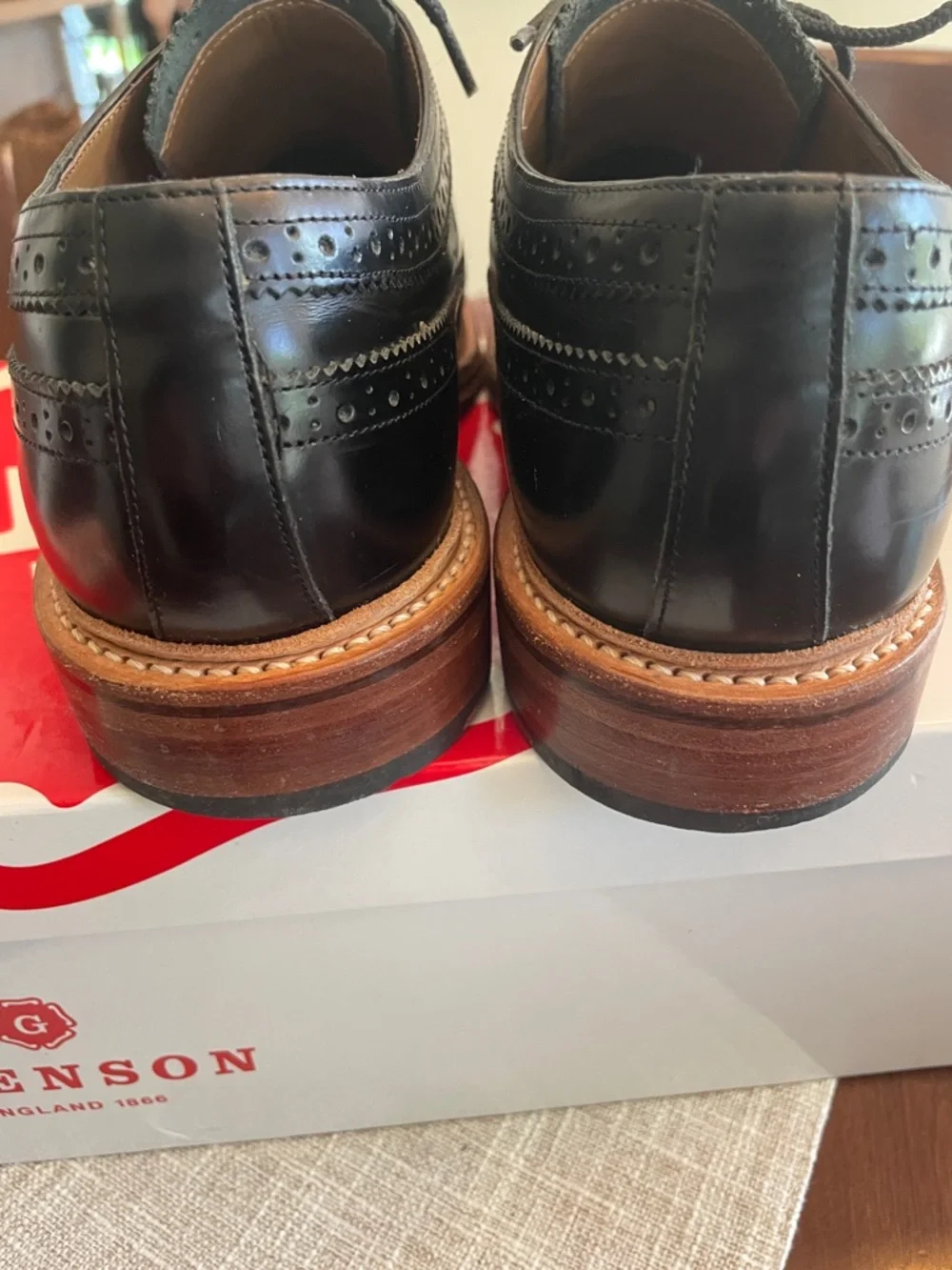 Grenson Sid Black Leather Cap Toe Derbys with Tan Welt UK Size 8G US Size 9